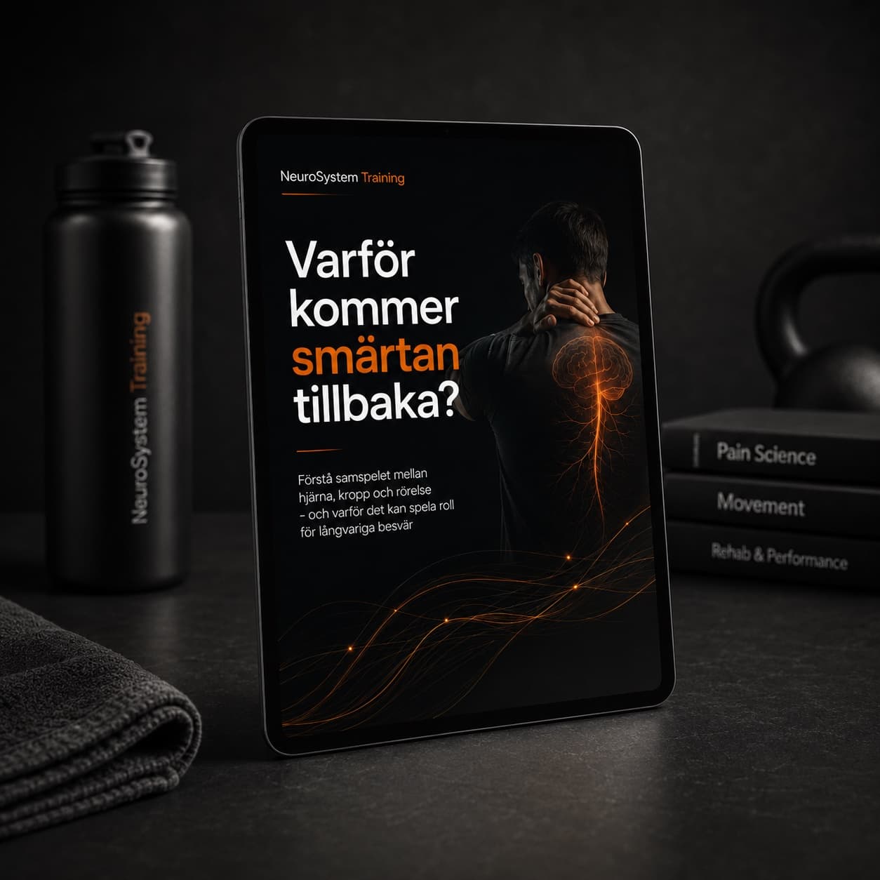 Guiden Varför kommer smärtan tillbaka? visad på en surfplatta, med nervbanor tecknade över en persons rygg