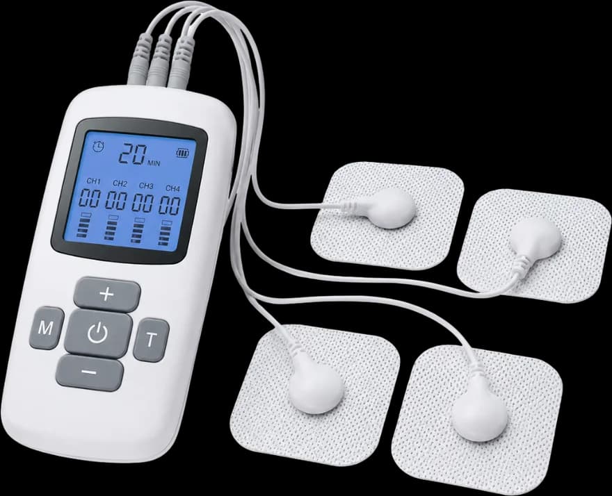 Traditionell elstimulator med display, knappsats och fyra klisterelektroder